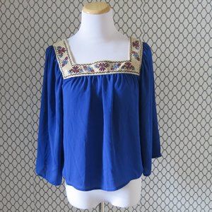 Flying Tomato Blue 3/4 Sleeve Embroidered Neck Detailed Top Blouse - Size XS